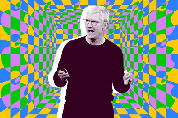 A picture of Tim Cook on a multicolored background.