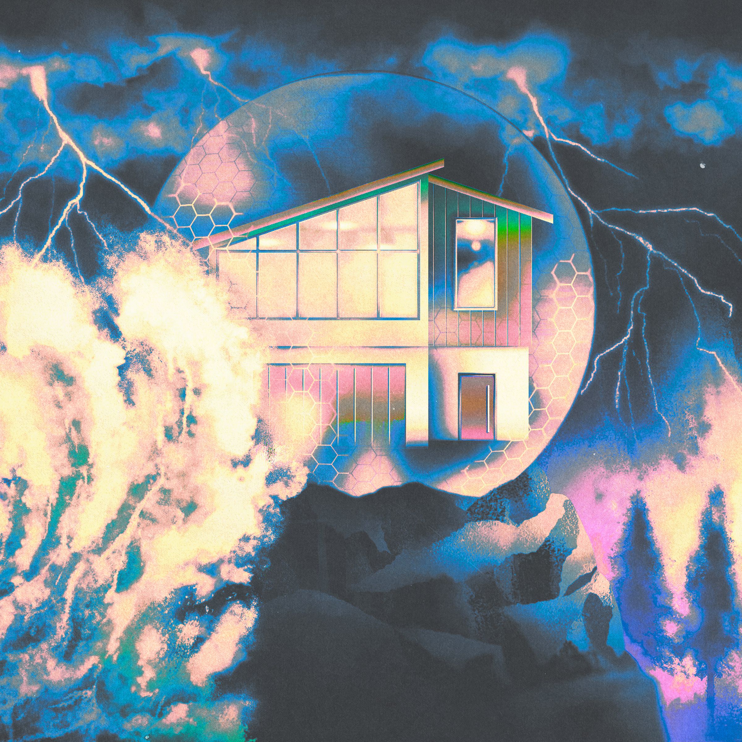 Conceptual illustration of a modern-looking house on a cliff surrounded by a forest fire, crashing ocean waves, and a lightning storm. The house is protected by a shield that surrounds it.