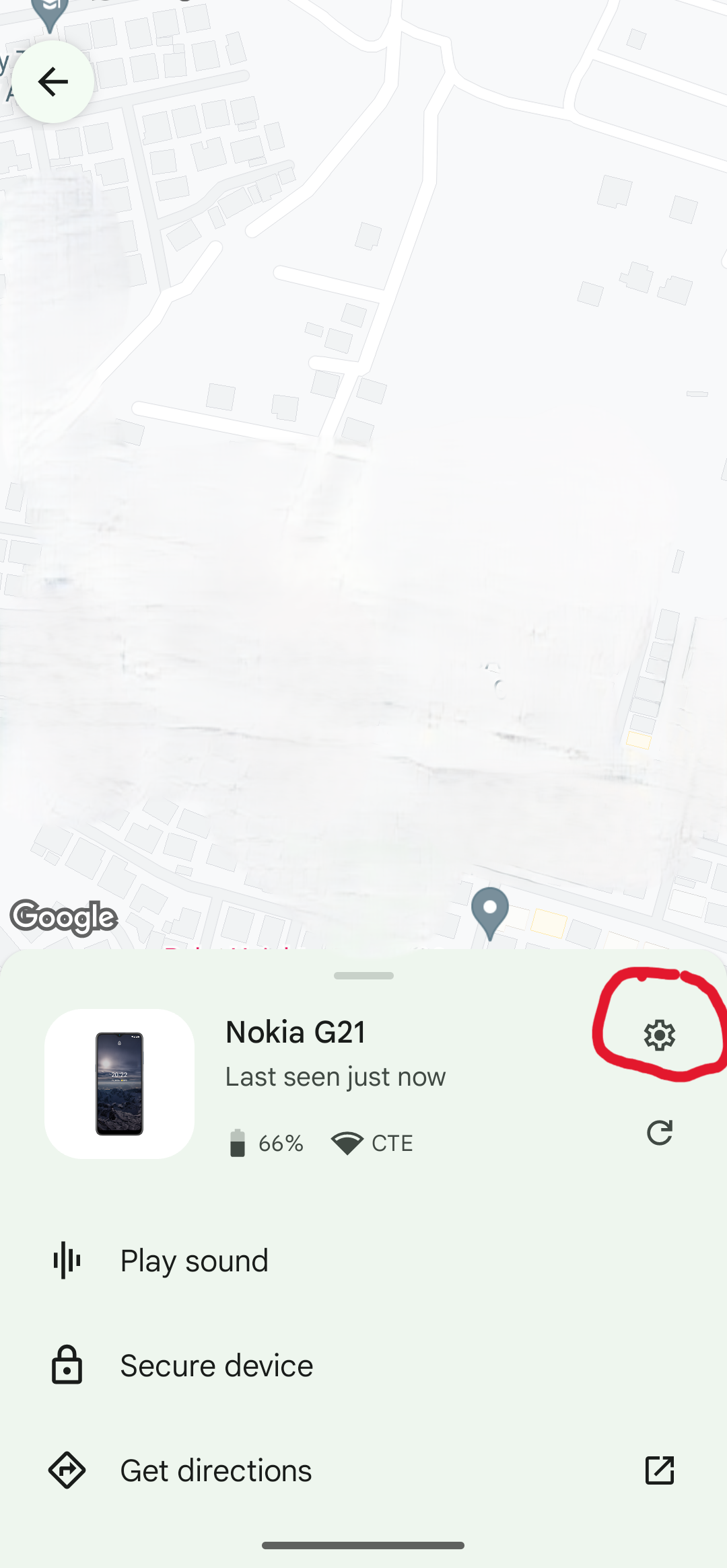 Select the gear sign on the right side of the device name - Find My Device App